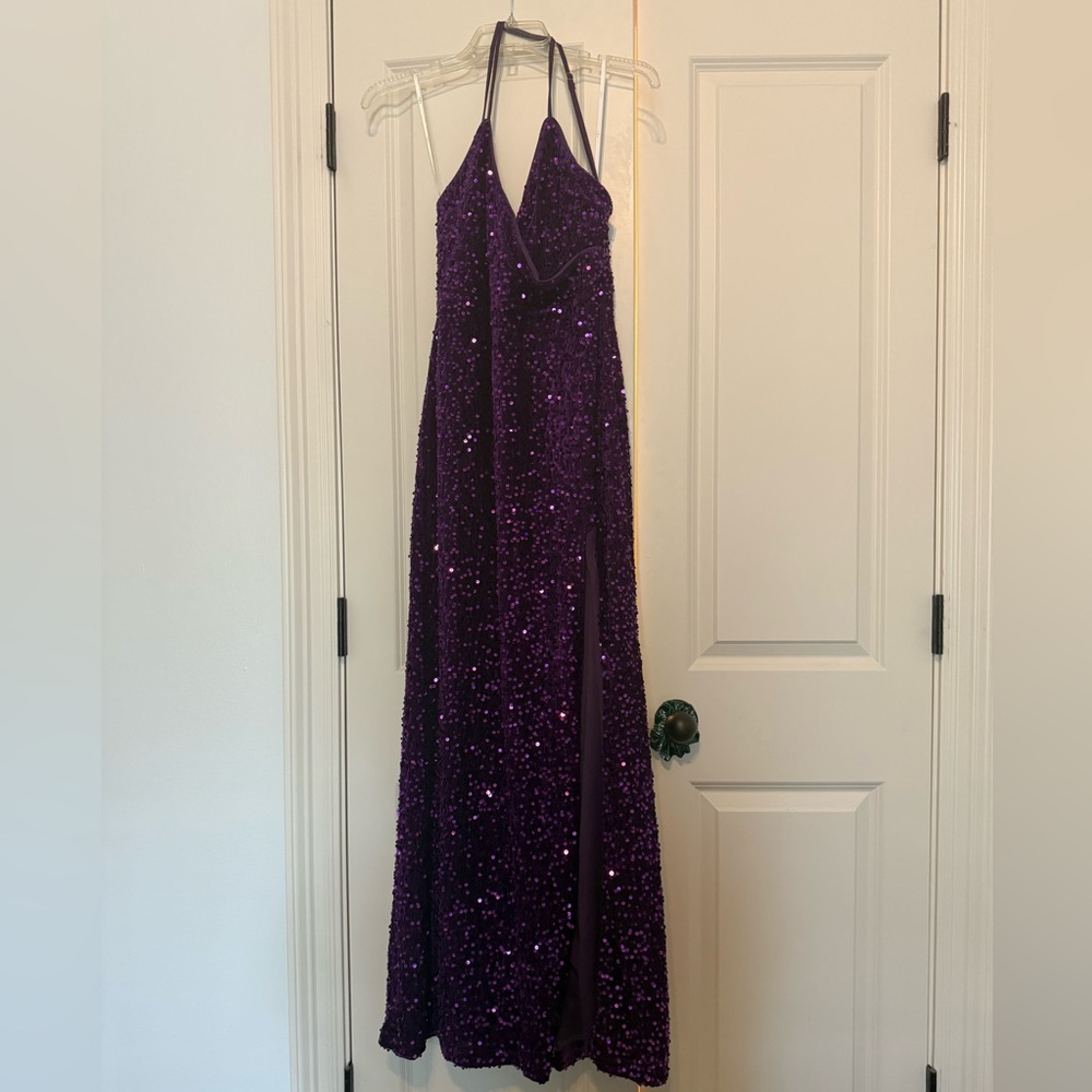 Lulu's Sparkling Deep Purple Halter Sequin Gown